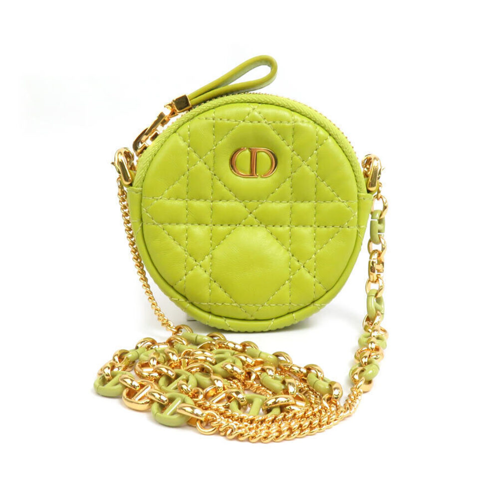 Christian Dior Coin Wallet Pouch Caro Round Lambskin Yellow Green
